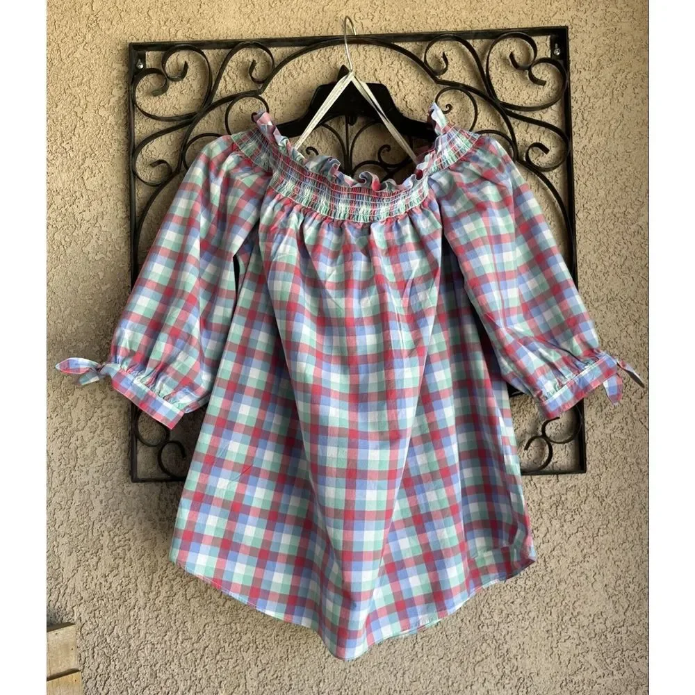 kate spade Pink and Light Blue Plaid Off-Shoulder Blouse